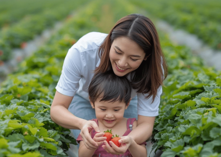 いちご狩り親子